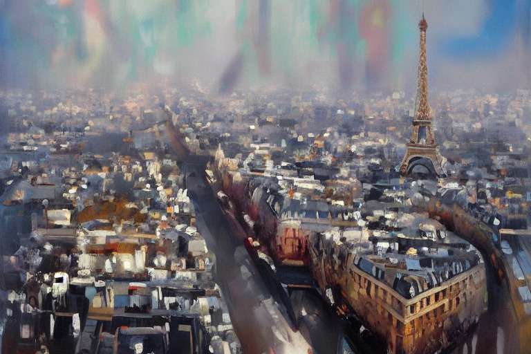 Imagen aérea de París, estilo Adrian Ghenie, pintura al óleo