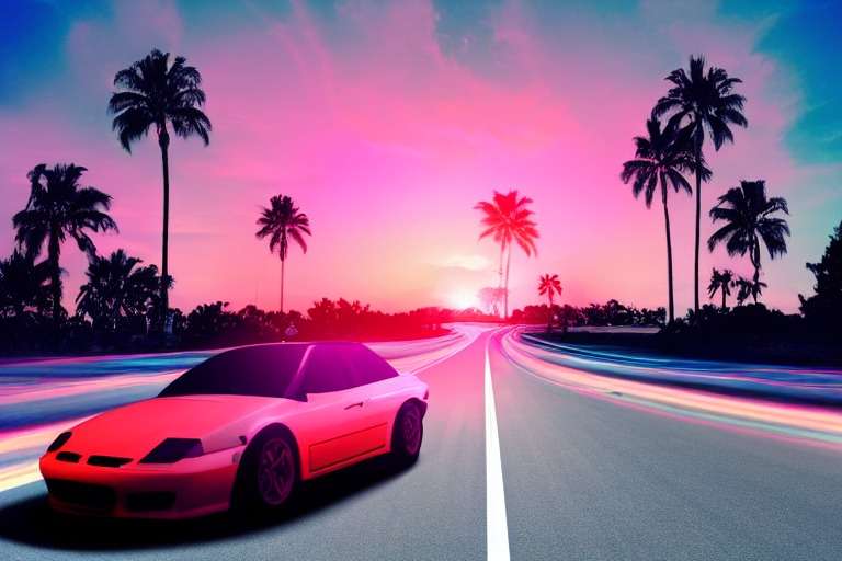 un automóvil centrado que atraviesa una puesta de sol de estilo synthwave en el fondo